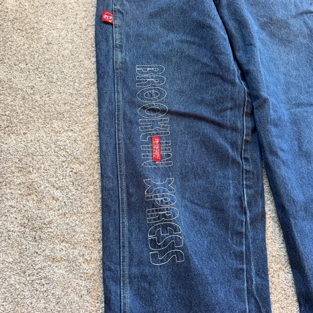 Brooklyn Xpress Jeans Co Baggy Denim Pants Blue Wide Leg Embroidered Mens 36x31